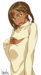  1boy androgynous arthur_(sorcery_king) braid brown_hair dark_skin dated green_eyes highres kaku-san-sei_million_arthur kuroino_(0kuro8ino6) million_arthur_(series) nipples shiny solo sweat sweater 