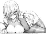  areolae blue_gk breast_press breasts bright_pupils collarbone commentary eyebrows_visible_through_hair eyes_visible_through_hair fate/grand_order fate_(series) glasses greyscale hair_tucking highres hood hoodie large_breasts long_sleeves looking_at_viewer lying mash_kyrielight monochrome open_clothes pantyhose pantyhose_pull parted_lips short_hair solo sweat thighband_pantyhose 