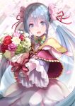  blue_eyes blue_hair bouquet cherry_blossoms commentary_request dress eyebrows_visible_through_hair flower gloves hair_between_eyes hatsune_miku highres hoshizaki_reita long_hair open_mouth solo twintails very_long_hair vocaloid 