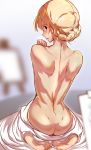  ass ayakumo back barefoot blonde_hair blue_eyes blush braid butt_crack darjeeling dimples_of_venus easel feet girls_und_panzer highres looking_at_viewer looking_back modeling nude nude_model open_mouth shoulder_blades sitting soles solo toes wariza 