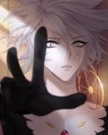  black_gloves blue_eyes earrings fate/apocrypha fate_(series) gloves grey_hair highres hokeitoshane jewelry karna_(fate) male_focus outstretched_hand short_hair solo 