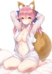  animal_ears arms_up bad_id bad_pixiv_id bare_legs barefoot bed_sheet blush breasts cleavage collarbone collared_shirt commentary_request dress_shirt fate/extra fate_(series) fox_ears fox_girl fox_tail hands_in_hair large_breasts long_hair long_sleeves looking_at_viewer naked_shirt navel open_clothes open_shirt parted_lips pillow pink_hair seiza shirt sidelocks sitting solo tail tamamo_(fate)_(all) tamamo_no_mae_(fate) white_background white_shirt yuzu-aki 