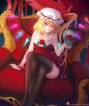  &gt;:) alternate_costume artist_name bangs bare_shoulders black_legwear blonde_hair breasts closed_mouth collarbone commentary_request crossed_legs crystal curtains dress fang_out feet_out_of_frame flandre_scarlet flower frills hat hat_ribbon head_tilt highres holding indoors long_hair looking_at_viewer mob_cap nuenya off-shoulder_dress off_shoulder one_side_up red_dress red_flower red_ribbon red_rose revision ribbon rose short_dress skull small_breasts smile solo thighhighs throne touhou v-shaped_eyebrows watermark web_address white_hat wings wrist_cuffs 