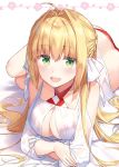  :d ahoge bikini blonde_hair blush braid breasts criss-cross_halter fate/grand_order fate_(series) green_eyes hair_intakes half_updo halterneck large_breasts legs_together long_hair looking_at_viewer lying masuishi_kinoto nero_claudius_(fate)_(all) nero_claudius_(swimsuit_caster)_(fate) on_stomach open_mouth red_bikini sidelocks smile solo striped striped_bikini swimsuit 