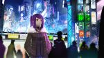  cigarette city coat cyberpunk ex-trident hands_in_pockets highres julianne_stingray long_hair ponytail purple_hair red_eyes sidelocks silhouette smoking solo_focus va-11_hall-a 