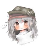  bad_id bad_pixiv_id bangs bare_shoulders blush brown_eyes character_name chibi cottontailtokki drooling frilled_pillow frills g11_(girls_frontline) girls_frontline green_hat hair_between_eyes hat holding holding_pillow long_hair looking_at_viewer lowres off_shoulder parted_lips pillow shirt silver_hair simple_background solo very_long_hair white_background white_shirt 