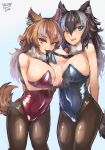  animal_ears arm_under_breasts bare_shoulders between_breasts blue_eyes blush breast_hold breasts brown_hair cleavage eyebrows_visible_through_hair fang grey_wolf_(kemono_friends) heterochromia hibax-fre highres japanese_wolf_(kemono_friends) kemono_friends large_breasts leotard long_hair looking_at_viewer multicolored_hair multiple_girls necktie necktie_between_breasts open_mouth pantyhose playboy_bunny_leotard simple_background smile tail two-tone_hair wolf_ears wolf_girl wolf_tail yellow_eyes 