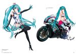  aqua_eyes aqua_hair artist_name bangs bare_shoulders biker_clothes bikesuit black_footwear blue_eyes boots breasts cleavage crown elbow_gloves eyebrows_visible_through_hair full_body gloves goodsmile_company goodsmile_racing green_hair ground_vehicle hatsune_miku headphones headset headwear_removed helmet helmet_removed high_heel_boots high_heels highres itasha leaning_against_motorcycle leg_up long_hair looking_at_viewer medium_breasts motor_vehicle motorcycle official_art page_number race_queen racing_miku racing_miku_(2013) saitou_masatsugu simple_background sitting sleeveless smile solo thigh_boots thighhighs twintails vocaloid white_background 