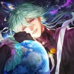  bangs commentary earrings earth galaxy gloves green_hair grin hair_between_eyes jewelry kei_(seona2020) long_sleeves looking_at_viewer male_focus nebula original purple_eyes slit_pupils smile solo space turtleneck 