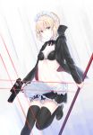  absurdres alternate_costume apron artoria_pendragon_(all) artoria_pendragon_(swimsuit_rider_alter) bangs belly black_bra black_footwear black_hoodie black_legwear black_skirt blonde_hair bra braided_bun breasts cleavage detached_collar enmaided eyebrows_visible_through_hair fate/grand_order fate_(series) feet_out_of_frame green_eyes gun highres holding holding_gun holding_weapon lace lace-trimmed_bra laser_beam laser_sight long_sleeves looking_at_viewer maid maid_headdress mary_janes navel open_clothes shisuo shoes sidelocks skirt small_breasts solo standing swimsuit thighhighs underwear weapon white_apron zettai_ryouiki 
