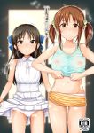  bangs bare_arms bare_shoulders black_hair blue_ribbon blue_tank_top blurry blurry_background blush breasts brown_eyes brown_hair collared_dress commentary_request cover cover_page covered_nipples depth_of_field doujin_cover dress dress_lift eyebrows_visible_through_hair hair_between_eyes hair_bobbles hair_ornament hair_ribbon idolmaster idolmaster_cinderella_girls long_hair looking_at_viewer medium_breasts midriff multiple_girls norimaki_(haru_koubou) orange_shorts panties parted_lips rating ribbon see-through shiny shiny_hair shiny_skin shirt_lift short_hair short_shorts short_twintails shorts sidelocks sleeveless sleeveless_dress standing steam striped striped_shorts sweat tachibana_arisu tank_top totoki_airi translation_request twintails underwear wet wet_clothes white_dress white_panties 
