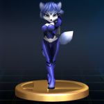  anthro armor award blue_fur blue_hair boots breasts canine clothed clothing female footwear fox fur green_eyes hair invalid_tag jewelry krystal mammal nintendo official_art pose skin_suit star_fox super_smash_bros trophy video_games 