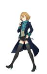  aqua_scarf belt black_footwear black_legwear black_shorts blue_eyes boots frown full_body hair_between_eyes hand_on_hip hand_up high_heel_boots high_heels highres jacket looking_at_viewer official_art princess_principal princess_principal_game_of_mission short_hair shorts solo standing thigh_boots thighhighs transparent_background zelda_(princess_principal) 