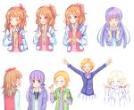  3girls :d :o ^_^ aikatsu! aikatsu!_(series) arms_up bangs blonde_hair blue_jacket blue_ribbon blue_shirt blush braid brown_eyes brown_hair chopsticks clenched_hands closed_eyes closed_mouth collarbone eating eyebrows_visible_through_hair fish hair_ribbon hikami_sumire holding holding_chopsticks jacket long_hair long_sleeves low_twintails makiaato multiple_girls multiple_views one_side_up oozora_akari open_clothes open_jacket open_mouth outstretched_arms parted_lips pink_ribbon pink_skirt pleated_skirt pocket purple_eyes purple_hair purple_jacket ribbon school_uniform shinjou_hinaki shirt short_hair simple_background skirt smile starlight_academy_uniform surprised twintails very_long_hair white_background white_shirt white_skirt 
