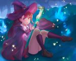  1girl aile/koushi brown_eyes brown_footwear brown_hair cape floating_hair full_body hat hat_ribbon holding holding_sheath kagari_atsuko kneehighs little_witch_academia loafers long_hair long_sleeves miniskirt neck_ribbon open_mouth outdoors pleated_skirt purple_cape purple_hat purple_legwear red_ribbon red_skirt ribbon sheath shirt shoes sitting skirt solo white_shirt witch_hat 