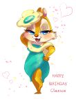  &lt;3 2012 anthro birthday blue_eyes boa_(clothing) cheek_tuft chipmunk clarice_(disney) clothed clothing disney dress english_text female flower fur half-closed_eyes hand_behind_head hand_on_hip happy_birthday mammal nene-takagi open_mouth open_smile plant red_nose rodent simple_background smile solo tan_fur text tuft white_background 