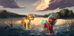  2018 cutie_mark day detailed_background digital_media_(artwork) duo equine fan_character female feral hair hooves horn locksto male mammal my_little_pony orange_hair outside partially_submerged sky smile standing unicorn water 