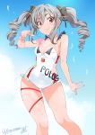  :d arm_up blue_sky bow breasts cleavage day drill_hair fingernails grey_hair hair_between_eyes hair_bow highres idolmaster idolmaster_cinderella_girls inoue_sora kanzaki_ranko long_hair medium_breasts nail_polish one-piece_swimsuit open_mouth outstretched_hand red_eyes ribbon sidelocks skindentation sky smile solo swimsuit thigh_ribbon thighs twin_drills twitter_username 