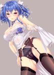  arm_at_side ass_visible_through_thighs azur_lane bangs bare_shoulders black_legwear blue_hair blush bow bow_panties braid breasts bridal_gauntlets cameltoe china_dress chinese_clothes cleavage cleavage_cutout commentary_request contrapposto covered_nipples cowboy_shot dress dress_lift dutch_angle eyebrows_visible_through_hair from_below fukuda_shuushi garter_belt garter_straps hair_ribbon halterneck head_tilt highres lace lace-trimmed_thighhighs large_breasts lifted_by_self lingerie long_hair looking_at_viewer looking_down panties parted_lips purple_eyes purple_panties ribbon side_braid simple_background sleeveless smile solo st._louis_(azur_lane) standing thighhighs two_side_up underwear 