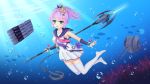  :d absurdres air_bubble anchor azur_lane bangs bare_shoulders biako black_ribbon blue_sailor_collar blurry blurry_foreground blush bracelet breasts bridal_gauntlets bubble cannon chain coral crown depth_of_field eyebrows_visible_through_hair fish green_eyes hair_between_eyes hair_ornament hair_ribbon high_ponytail highres holding javelin javelin_(azur_lane) jewelry md5_mismatch medium_breasts mini_crown no_shoes object_namesake open_mouth outstretched_arm pleated_skirt ponytail revision ribbon sailor_collar shirt sidelocks skirt sleeveless sleeveless_shirt smile solo thighhighs thighs torpedo turret underwater v-shaped_eyebrows water white_legwear white_shirt white_skirt zettai_ryouiki 
