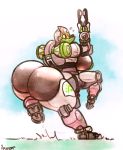  2018 angstrom big_breasts big_butt blush breasts butt digital_media_(artwork) female horn living_machine looking_at_viewer looking_back machine mammal nipples not_furry omnic orisa_(overwatch) overwatch robot simple_background solo standing taur thick_thighs video_games 