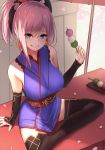  bare_shoulders black_legwear blue_kimono borushichi breasts cherry_blossoms commentary dango detached_sleeves eyebrows_visible_through_hair fate/grand_order fate_(series) food grin highres holding holding_food japanese_clothes kimono large_breasts miyamoto_musashi_(fate/grand_order) no_shoes obi petals pink_hair ponytail red_sash sanshoku_dango sash short_hair short_kimono sleeveless sleeveless_kimono smile solo thighhighs umbrella wagashi zettai_ryouiki 