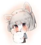  animal_ears bad_id bad_pixiv_id bangs black_shirt blue_capelet blush capelet closed_mouth cottontailtokki hair_between_eyes head_tilt looking_at_viewer mouse_ears nazrin object_hug shirt short_hair silver_hair smile solo stuffed_animal stuffed_mouse stuffed_toy touhou upper_body 