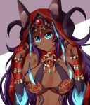  animal_ears aqua_eyes blush breasts bridal_gauntlets cleavage closed_mouth dark_skin ears_through_headwear fate/grand_order fate_(series) head_chain highres hood horns jewelry large_breasts long_hair looking_at_viewer non_no_urara purple_hair queen_of_sheba_(fate/grand_order) smile solo 