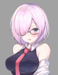  :d arms_at_sides ayuma_sayu bangs bare_shoulders black-framed_eyewear black_dress breasts collared_dress dress eyebrows_visible_through_hair eyelashes fate/grand_order fate_(series) glasses grey_background grey_jacket hair_over_one_eye highres jacket long_sleeves looking_at_viewer mash_kyrielight medium_breasts necktie off_shoulder open_mouth pink_hair purple_eyes raised_eyebrows red_neckwear shiny shiny_hair short_hair sleeveless sleeveless_dress smile solo track_jacket upper_body wing_collar 