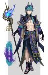  abs absurdres aqua_hair black_nails blue_nails clenched_teeth earrings fingerless_gloves full_body gloves grey_background groin highres holding holding_staff jewelry loalo looking_at_viewer male_focus nail_polish navel onmyoji purple_eyes solo staff standing teeth yasha_(onmyoji) 