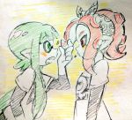  2girls bad_id bad_twitter_id bangs blunt_bangs color_trace colored_pencil_(medium) green_eyes green_hair ika2_tomita inkling looking_at_another multiple_girls octarian octoling open_mouth pointy_ears red_eyes red_hair splatoon_(series) splatoon_2 tentacle_hair traditional_media upper_body 