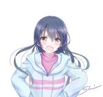  angry bangs blue_hair blue_jacket blush commentary_request eyebrows_visible_through_hair frown hair_between_eyes hood hooded_jacket jacket long_hair looking_at_viewer love_live! love_live!_school_idol_project open_mouth shino_(shinderera) simple_background solo sonoda_umi upper_body v-shaped_eyebrows white_background yellow_eyes 