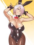  ahoge angel_(kof) animal_ears areola_slip areolae armpits arms_up bare_shoulders black_gloves black_leotard bow bowtie breasts bunny_ears bunny_girl bunnysuit cleavage commentary_request detached_collar fake_animal_ears finger_gun fingerless_gloves gloves grin hair_over_one_eye highres large_breasts leotard looking_at_viewer pantyhose shiny shiny_clothes shiny_skin short_hair silver_hair smile solo strapless strapless_leotard the_king_of_fighters thigh_gap tomoyuki_kotani 