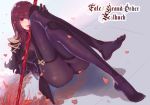  armor ass atianshi between_legs bodysuit breasts commentary crossed_legs error fate/grand_order fate_(series) gae_bolg holding holding_weapon large_breasts legs long_hair pauldrons polearm purple_bodysuit purple_hair red_eyes scathach_(fate)_(all) scathach_(fate/grand_order) shoulder_armor sitting sitting_on_floor skin_tight solo spear tongue tongue_out weapon wrong_feet 