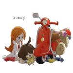  achillex_mouly arms_(game) bandeau bodysuit boots brown_hair coat creator_connection crossover fur_trim ground_vehicle long_hair lying mechanica_(arms) mona_(warioware) moped motor_vehicle multiple_girls nintendo on_side orange_hair red_footwear repairing scooter short_hair simple_background twitter_username warioware white_background white_coat 