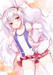  animal_ears ass_visible_through_thighs azur_lane bangs bare_shoulders blush bunny_ears camisole collarbone commentary_request dutch_angle eyebrows_visible_through_hair hair_between_eyes hair_ornament hairband jacket laffey_(azur_lane) long_hair long_sleeves looking_at_viewer minakami_rinka off_shoulder open_clothes open_jacket panties parted_lips pink_jacket pleated_skirt red_eyes red_hairband red_skirt silver_hair skirt solo striped striped_panties thighhighs twintails underwear very_long_hair white_camisole white_legwear 