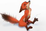  2018 animal_genitalia animal_penis anthro black_nose canine canine_penis clenched_teeth cum cumshot disney dodgerdog1_(artist) ears_back ejaculation erection eyes_closed fox frizzy_tail fur head_up looking_up male mammal masturbation nick_wilde orgasm penis red_fur simple_background solo teeth white_background zootopia 