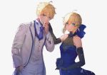 1girl ahoge arthur_pendragon_(fate) artoria_pendragon_(all) bangs bare_shoulders black_gloves blonde_hair blue_dress blue_ribbon braid breasts buttons cleavage closed_mouth collarbone commentary cross dress elbow_gloves excalibur expressionless eyebrows_visible_through_hair fate/extella fate/extella_link fate/extra fate/grand_order fate/stay_night fate_(series) formal french_braid gloves green_eyes grey_background hair_between_eyes hair_ribbon halterneck hanato_(seonoaiko) hand_in_pocket hand_kiss hand_on_hilt holding_hands jacket kiss latin_cross long_sleeves looking_at_viewer looking_to_the_side necktie open_clothes open_jacket pants purple_neckwear ribbon saber shade shiny shiny_hair shirt short_hair sidelocks simple_background sleeveless sleeveless_dress small_breasts standing suit sword tie_clip twitter_username waistcoat weapon white_pants white_rose_(fate/grand_order) white_shirt white_suit 