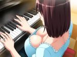 1girl breasts brown_hair butcha-u checkered checkered_floor cleavage closed_mouth from_above game_cg highres indoors instrument large_breasts naruse_kumiko original piano playing playing_instrument ring shiny shiny_hair shinyuu_no_haha_kumiko short_hair sitting solo stool wedding_ring 