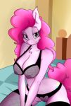  2018 anthro areola barely_visible_genitalia bed bed_sheet bedding bedroom bedroom_eyes big_breasts blue_eyes bra breasts chest_tuft cleavage clothed clothing cutie_mark earth_pony equine erect_nipples eyebrows eyelashes female fishnet fishnet_legwear friendship_is_magic fur hair half-closed_eyes headboard hi_res horse huckser inner_ear_fluff inside legwear lingerie long_hair looking_at_viewer mammal my_little_pony nipples panties pink_hair pinkie_pie_(mlp) pony portrait pose seductive smile solo subtle_pussy thick_thighs three-quarter_portrait translucent transparent_clothing tuft underwear 