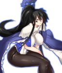  bare_arms bent_over black_hair black_legwear blue_cape breasts cape commentary_request covered_navel covered_nipples high_ponytail highres houshin_engi huge_breasts knees_together leaning_forward legs_together leotard long_hair looking_at_viewer looking_to_the_side negresco pantyhose ponytail ryuukitsu_koushu shiny_legwear sidelocks simple_background sitting skin_tight solo wavy_mouth white_background 