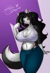  5_fingers anthro big_breasts big_hair big_tail black_fur black_hair breasts canine cleavage clothed clothing curvaceous dog female fur green_eyes hair husky kristen_(tristanbeaner) long_hair looking_at_viewer mammal mastergodai midriff multicolored_fur navel nipple_bulge open_mouth solo standing thick_thighs two_tone_fur voluptuous white_fur wide_hips 