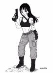  artist_name bandages belt black_eyes black_hair boots bra dirty dirty_clothes dirty_face dragon_ball fingerless_gloves fingernails gloves greyscale gun happy long_hair looking_at_viewer mai_(dragon_ball) monochrome pants ringoaomushi simple_background smile solo sports_bra standing underwear weapon white_background 