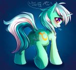  2018 anus blue_background butt chaosangeldesu cutie_mark dock english_text equine female feral friendship_is_magic hair horn looking_at_viewer looking_back lyra_heartstrings_(mlp) mammal multicolored_hair my_little_pony pussy simple_background solo text unicorn unicorn_horn 