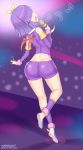  1girl ass bare_shoulders bike_shorts demon_girl demon_wings detached_sleeves dimples_of_venus fang flat_chest from_behind hair_over_eyes kainkout microphone musical_notes open_mouth original purple_hair shiny shiny_clothes shiny_hair shiny_skin short_hair short_shorts solo 