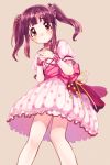  amezawa_koma blush bow brown_eyes brown_hair choker dress eyebrows_visible_through_hair feet_out_of_frame hands_on_own_chest idolmaster idolmaster_cinderella_girls jewelry long_hair looking_at_viewer ogata_chieri own_hands_together pendant pink_bow pink_dress polka_dot polka_dot_dress puffy_short_sleeves puffy_sleeves short_sleeves sidelocks simple_background solo twintails wristband 