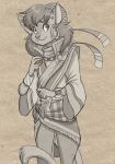  anthro cat clothed clothing coin ear_piercing feline female greyscale hair jewelry long_hair looking_at_viewer mammal mila_(the_pirate&#039;s_fate) monochrome necklace piercing scarf smile solo the_pirate&#039;s_fate turban volkenfox 