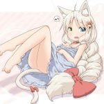  :d ahoge animal_ears ass bangs bare_arms bare_legs bare_shoulders barefoot bell big_hair blue_dress blue_eyes blush bow braid breasts cat_ears cat_girl cat_tail collarbone commentary_request dress eighth_note eyebrows_visible_through_hair fang green_eyes hair_bell hair_between_eyes hair_bow hair_ornament hands_on_own_stomach heterochromia jingle_bell long_hair looking_at_viewer lying musical_note natsu_no_koucha on_back open_mouth original red_bow red_collar sleeveless sleeveless_dress small_breasts smile solo spoken_musical_note strap_slip tail tail_bow very_long_hair 