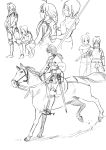  ahoge akizuki_ritsuko antenna_hair armor braid dressing dressing_another glasses greyscale horse horseback_riding idolmaster idolmaster_(classic) knight lance medieval miura_azusa monochrome multiple_girls pirata_(gailtonatiu) plate_armor polearm riding sword weapon 