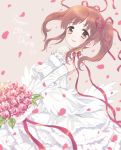  amezawa_koma bare_shoulders blush bouquet brown_eyes brown_hair choker clover commentary_request dated dress elbow_gloves eyebrows_visible_through_hair flower four-leaf_clover frilled_dress frills gloves hair_ribbon happy_birthday highres holding holding_bouquet idolmaster idolmaster_cinderella_girls long_hair ogata_chieri parted_lips petals red_ribbon ribbon ribbon_choker rose rose_petals smile solo twintails wedding_dress white_gloves 